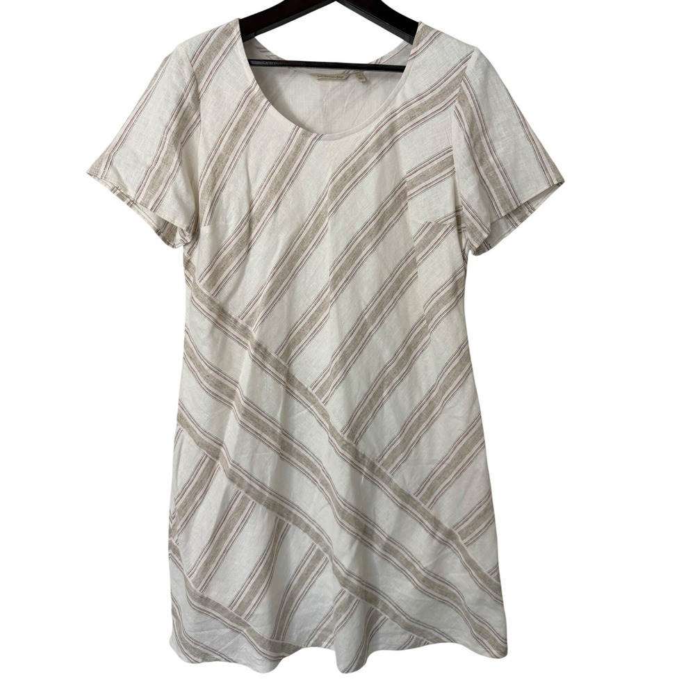 Soft Surroundings Linen Blend Striped Shift Dress White Tan 2EY09 Womens Large‎